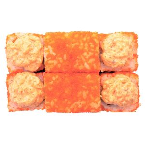 Большой ролл Горящий вулкан с лососем, огурцом и масаго красной