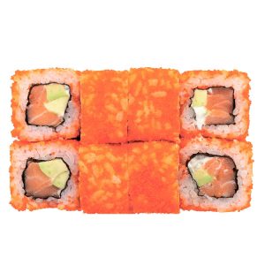 Большой ролл Калифорния с лососем с авокадо и масаго красной